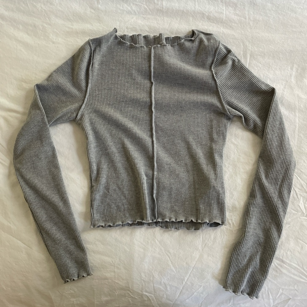 Aerie Heather Gray Ribbed Long Sleeve Blouse